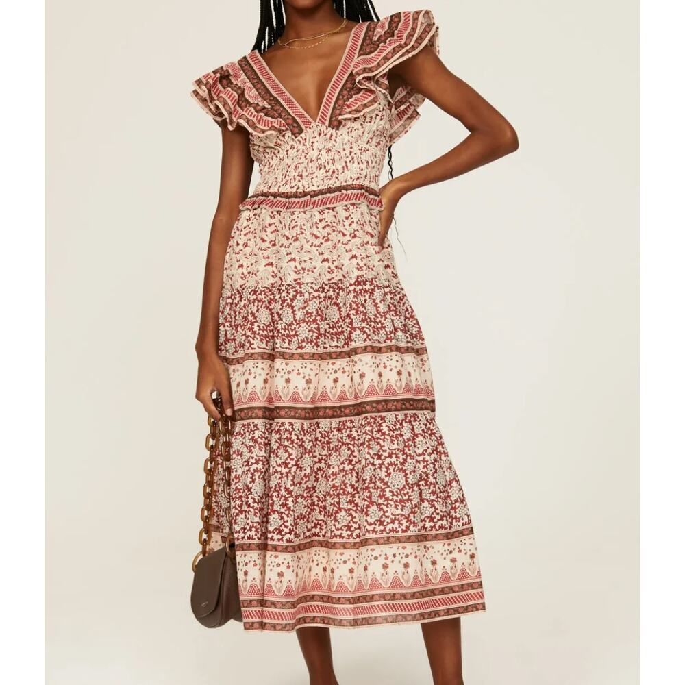 Sea New York Ivette Midi Dress Printed Ruffles Tie Pack Flutter Sleeve 2 Red
